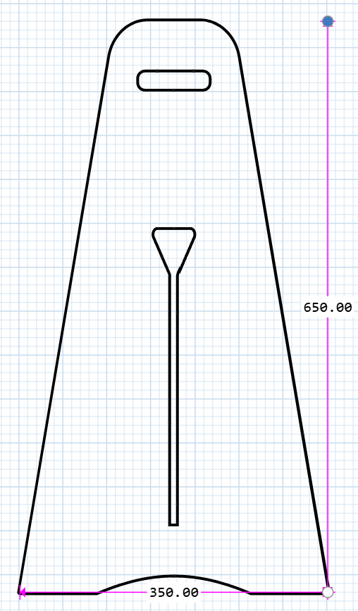 Technical drawing of a geometric shape of flyball upright with dimensions on a grid background
