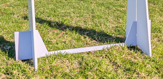 closeup of: PVC foam board flyball jump – lightweight, durable, single, white, training jump, upright stabilizer